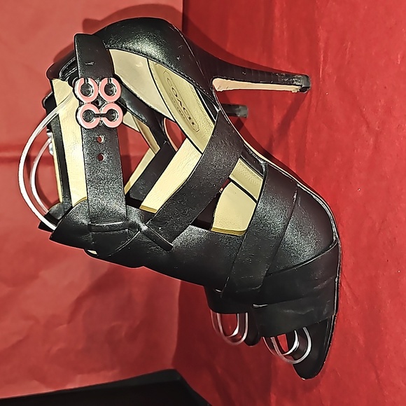 Coach MILA calfskin black leather strappy heels silver logo accent Size 8B VGUC - Picture 7 of 12